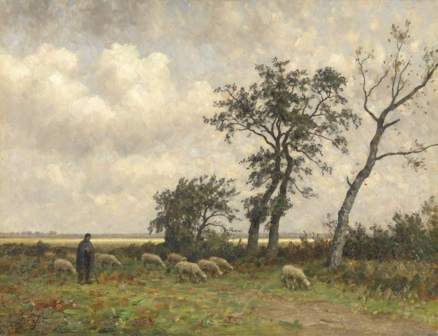 Historic Painting of Shepherd with a Flock of Sheep